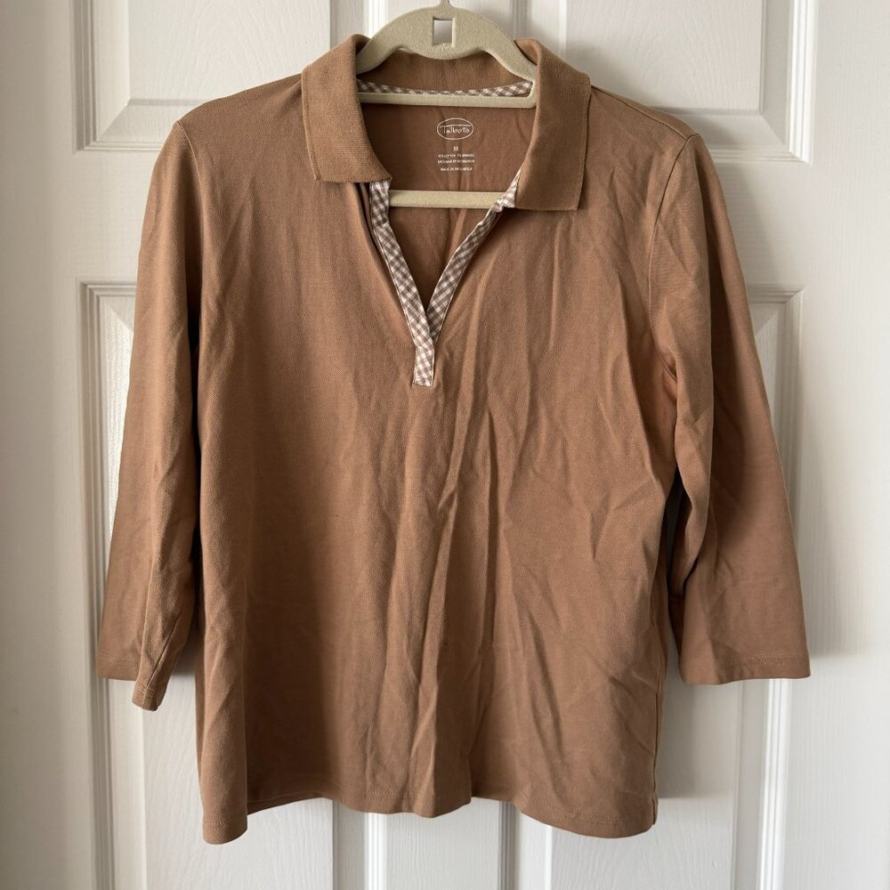 Talbots Tan Polo Top Gingham Trim 3/4 Sleeve M